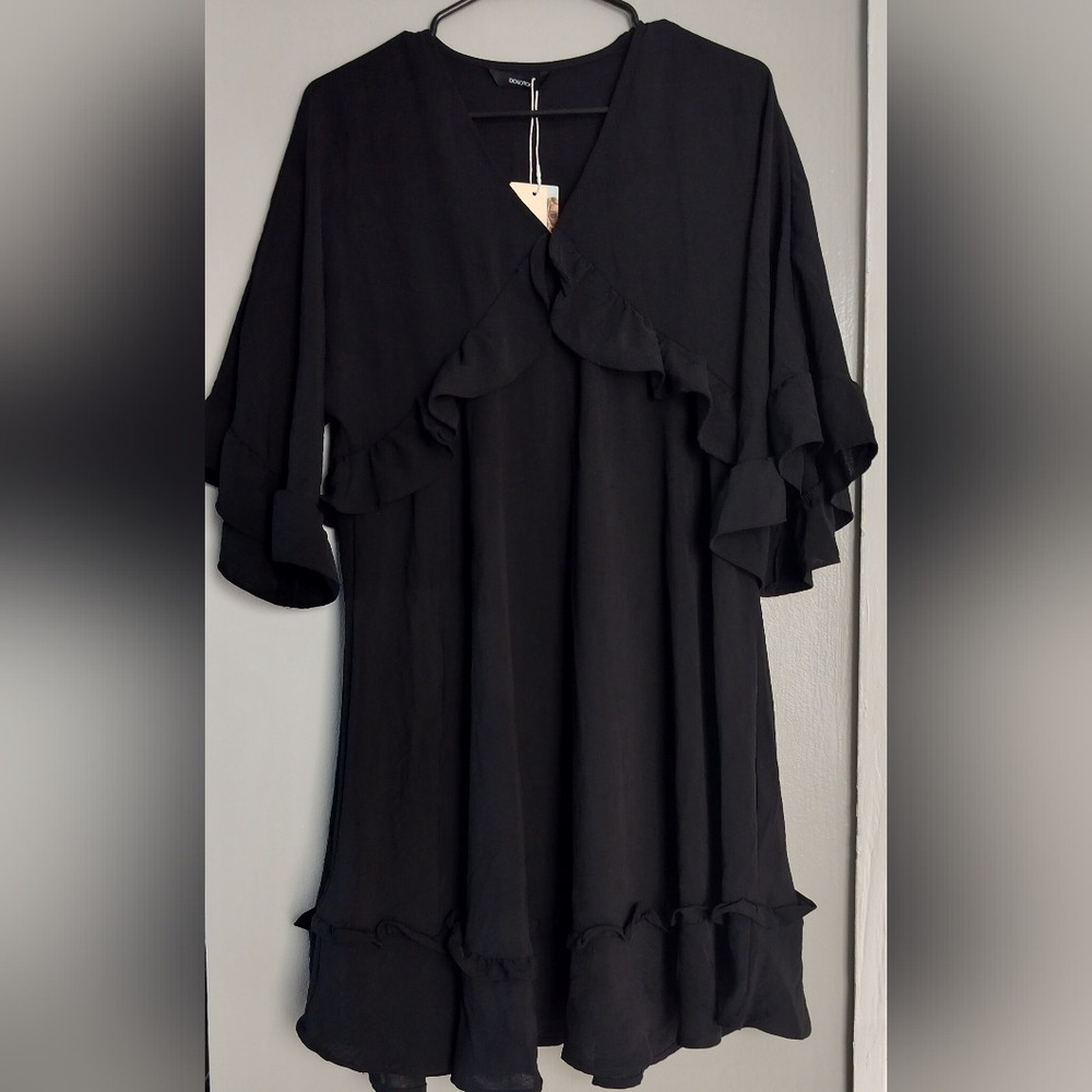 Black Flutter Sleeve V-Neck Midi Dress - Picture 1 of 6